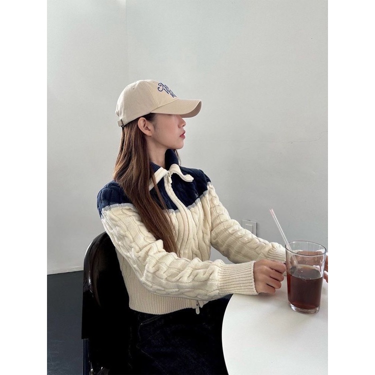 Áo sweater Dệt Kim Cổ Cao Xoắn Đôi Khóa Kéo Màu Tương Phản Ấm Áp Mùa Thu Đông Cho Nữ