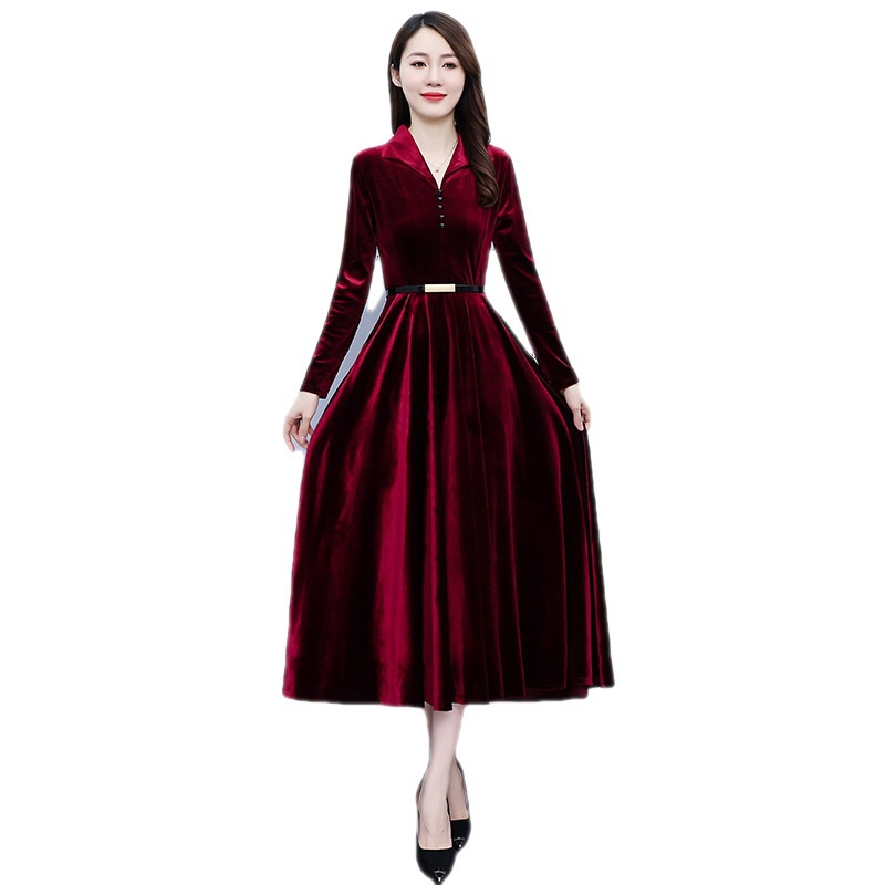 Đầm Tay Dài Có Túi Chất Liệu Nhung Màu Vàng Thời Trang Mùa Thu Cho Nữ