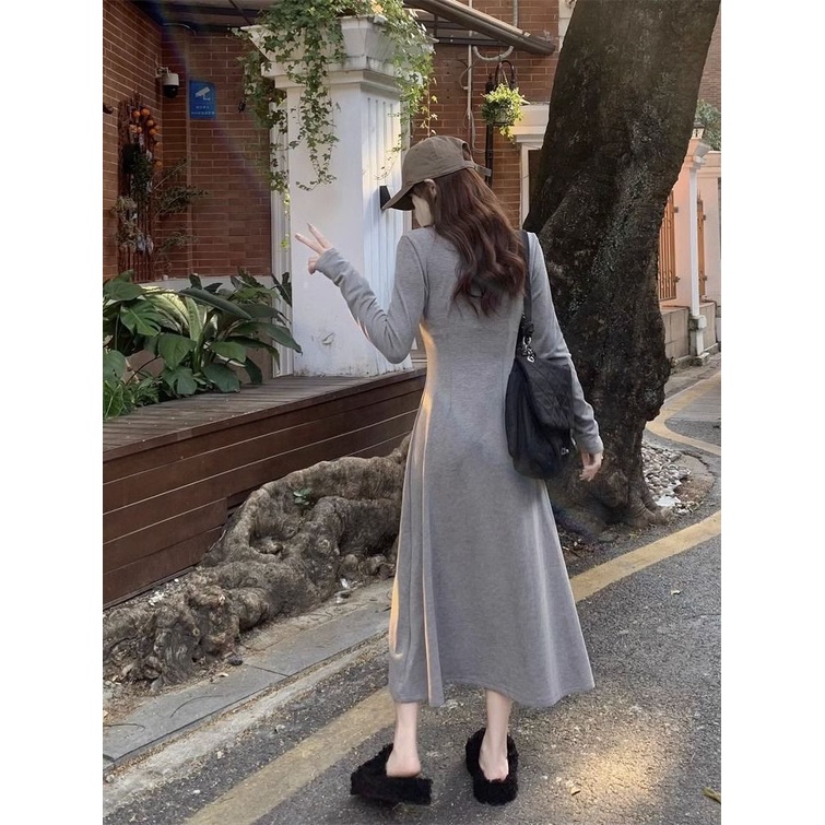 Đầm Xám Tay Dài Ôm Eo Phong Cách Thời Trang Thu Đông Cổ Điển Size s-xl