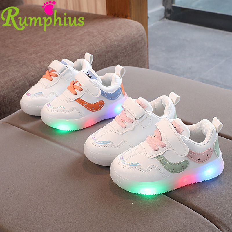 Rumphius Giày Thể Thao Da Mềm Đế Mềm Chống Trượt Có Đèn led Màu Trắng Thời Trang Cho Bé Trai Và Gái size 21-30
