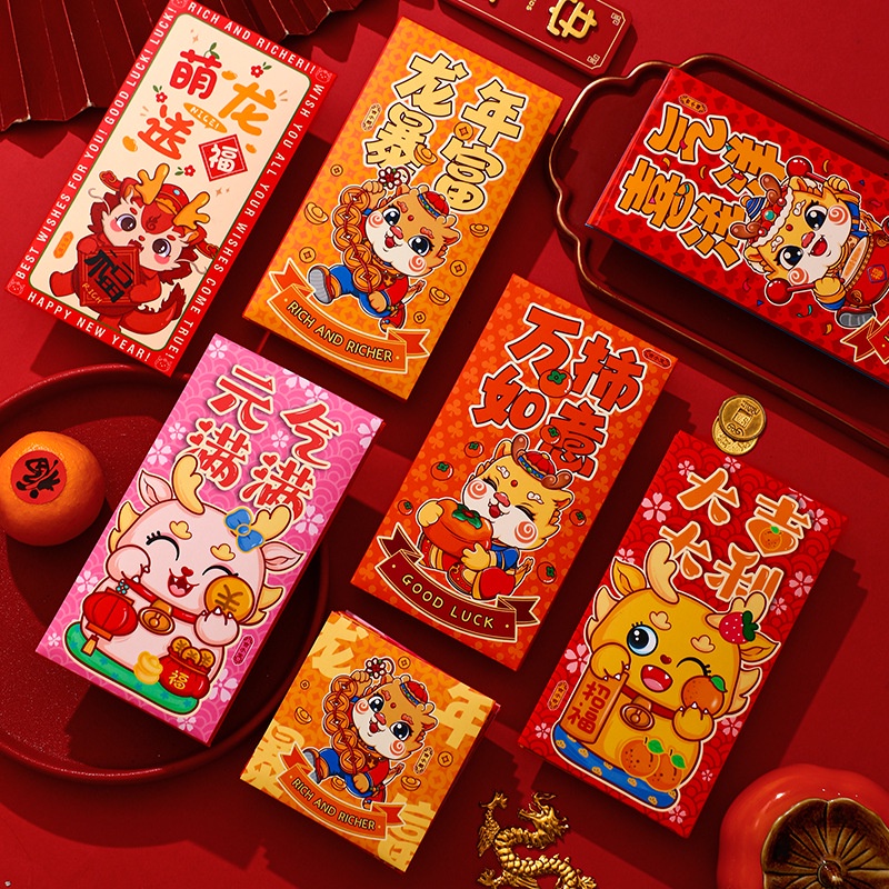 Set 6 Bao Lì Xì Mừng Năm Mới 2024 Màu Đỏ angpao cny