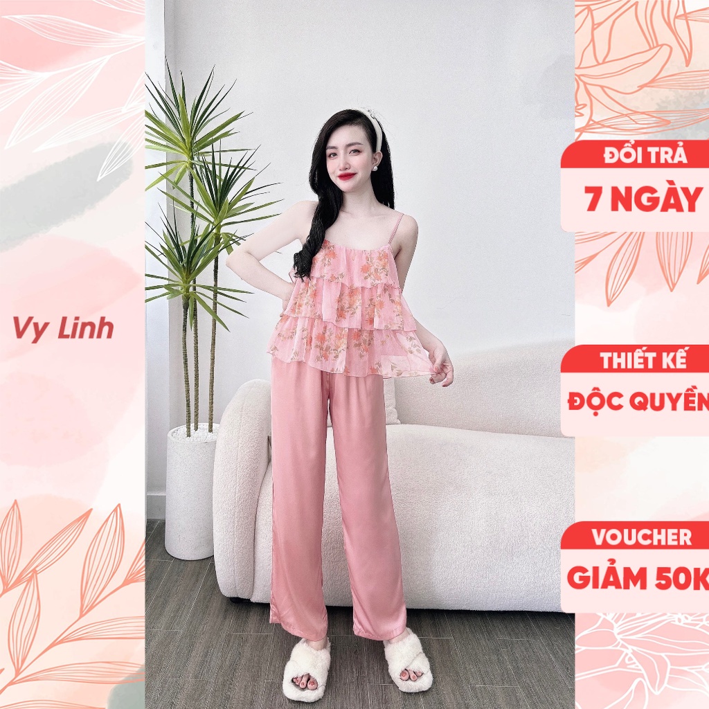 Bộ đồ ngủ quần dài Vy Linh chất liệu voan phối latin 3 tầng thoáng mát, thấm hút mồ hôi, mặc thoáng khí S1000