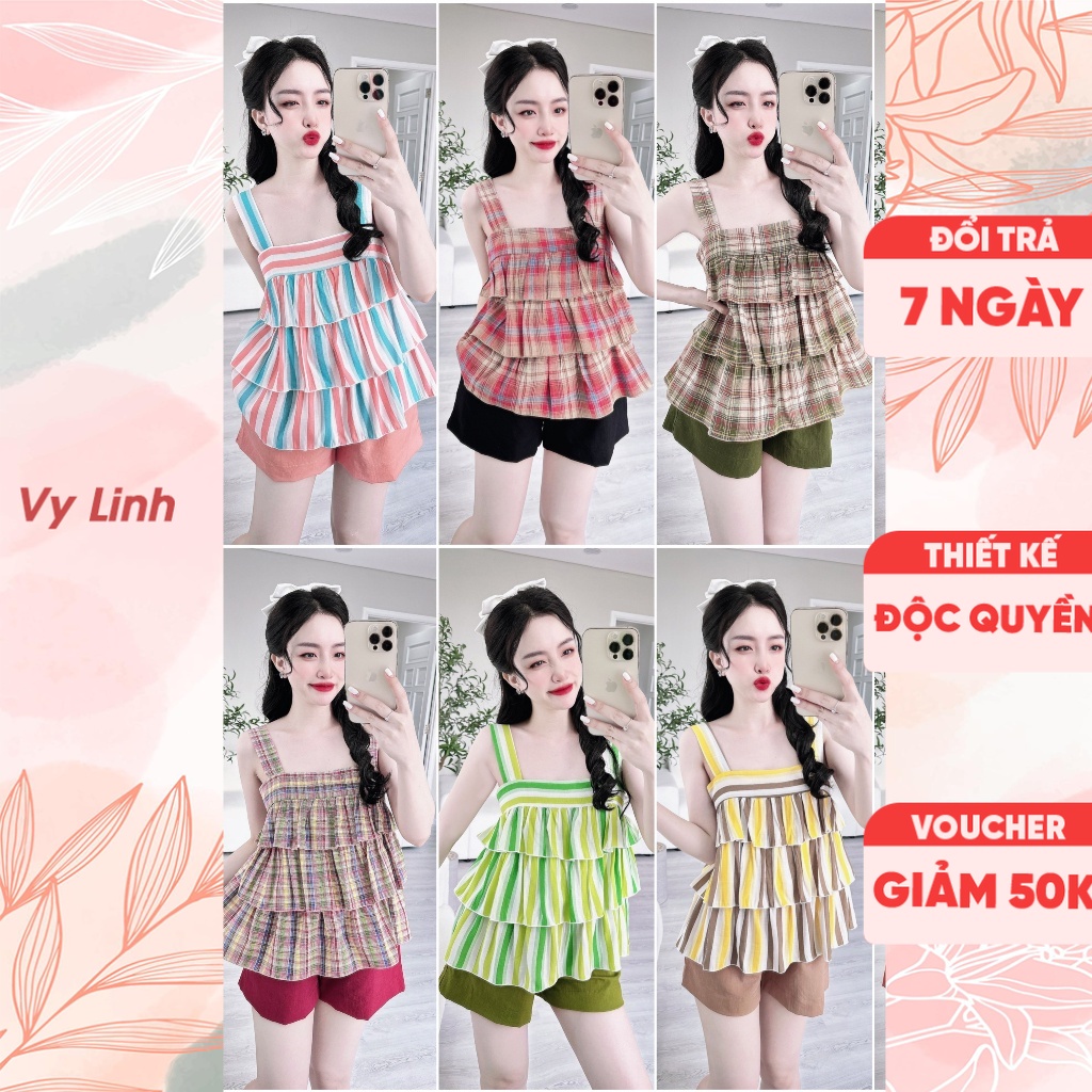 Bộ đồ ngủ đùi kẻ Vy Linh chất liệu sọc tâng line thoáng mát thấm hút mồ hôi tốt, không bai nhão S1032
