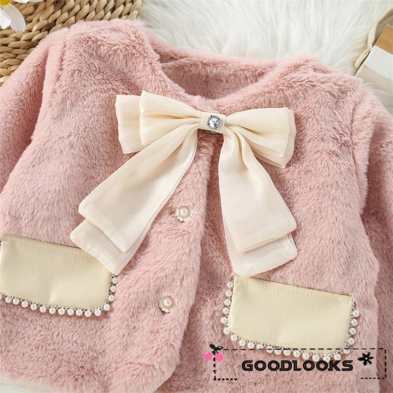 Áo Khoác Lông Thú Tay Dài Cổ Đính Nơ Cho Bé Gái