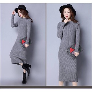 Váy len nữ mùa thu đông mới dáng dài cỡ lớn, Áo len nữ cỡ lớn thoải mái, Áo len nữ kiểu Hàn rộng thoải mái tay dài, Áo len nữ cổ cao và thoải mái.