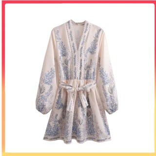   Phong Cách Mới Nữ Châu Âu Mỹ Phong Cách Retro Tính Khí Cổ Chữ V In Hình Dài Tay Nẹp Đầm Phối Ren 