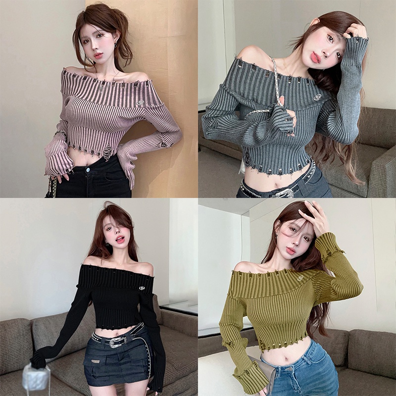Áo sweater Dệt Kim Tay Dài Thiết Kế Trễ Vai Quyến Rũ