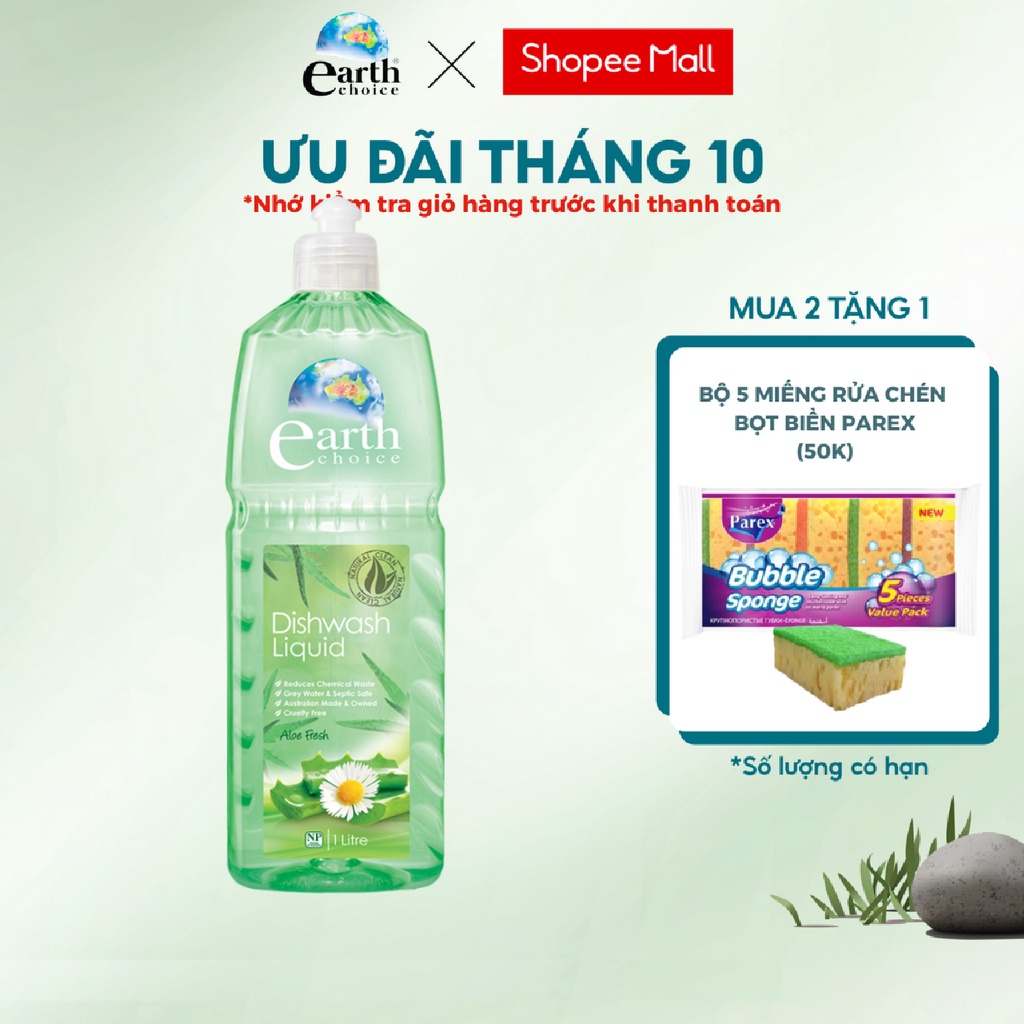 Nước Rửa Chén EARTH CHOICE Rửa Được Bình Sữa Cho Trẻ, An Toàn Không Khô Da Tay, Chiết Xuất Nha Đam Dung Tích 1L