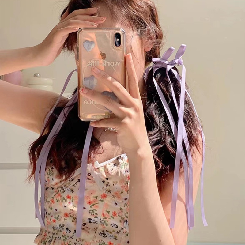 Set 2 Kẹp Tóc Nơ Ruy Băng Dài Màu Kẹo Dễ Thương