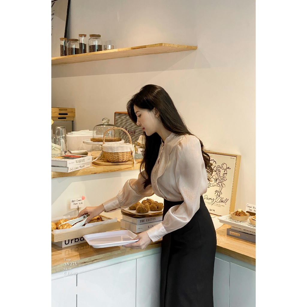 Áo sơ mi nữ dài tay cổ tàu phối đáp ngực CALIE AS274