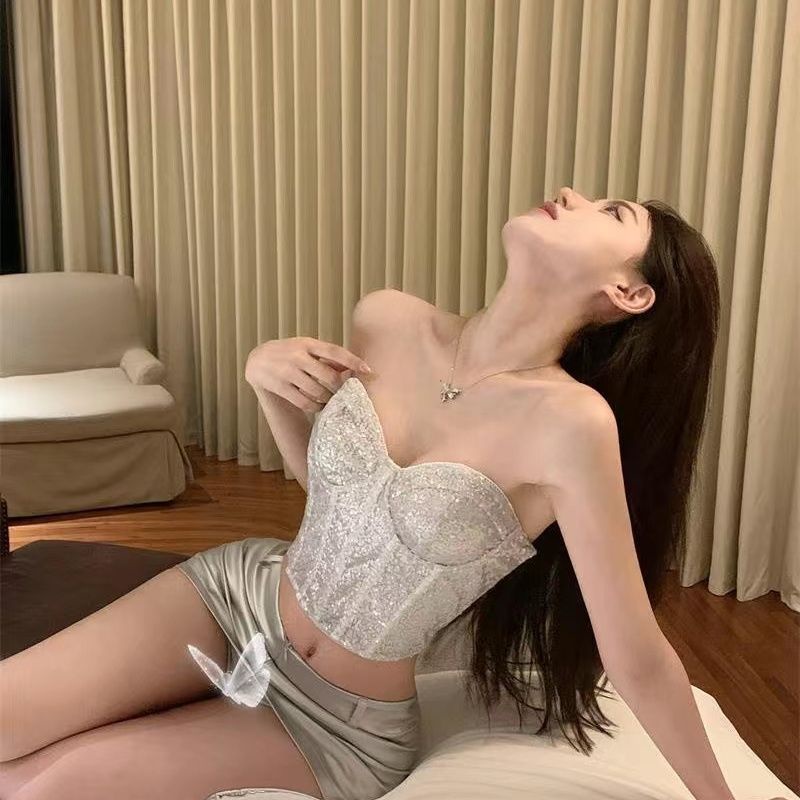 Phong Cách Âu Mỹ. Cô Gái Nóng Bỏng sexy. Áo corset Xương Cá Hạng Nặng Sequin. Áo Sát Nách Đính Kim Sa Lấp Lánh Phối Khóa Kéo Cá Tính