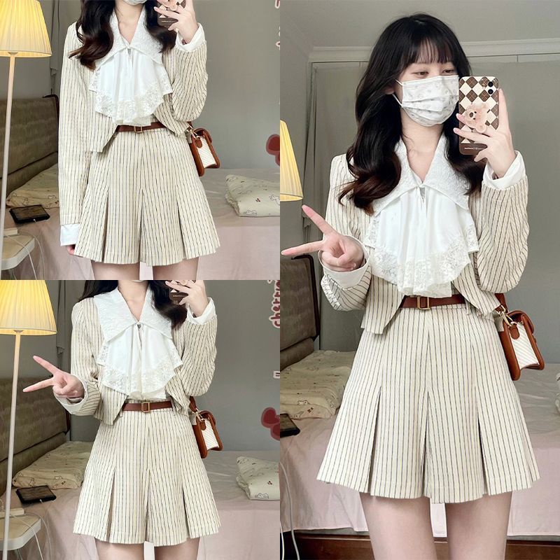 Set Áo Khoác Ren + Chân Váy Xếp Ly Thời Trang Nữ