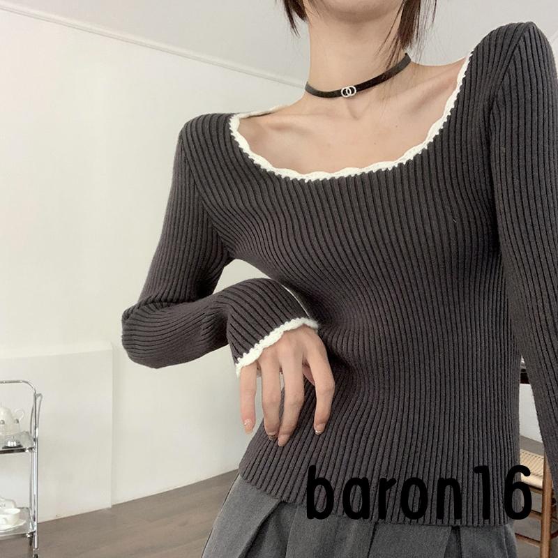 Áo Len Tay Dài Cổ Tròn Phối Màu Thời Trang Vải Dệt Kim Cho Nữ