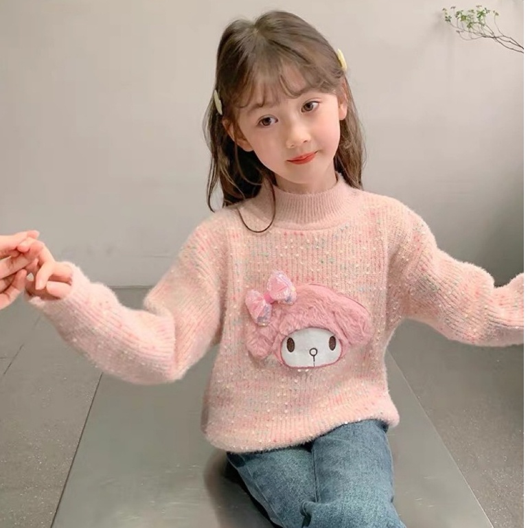 Áo len kiểu bé gái xuất Hàn, Áo len lông thỏ cho bé 4-10 tuổi đáp hình và đính nơ nhiều màu đanh sợi không bai xù