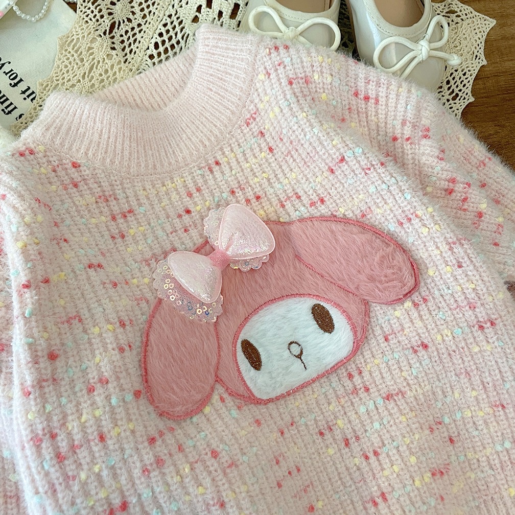 Áo len kiểu bé gái xuất Hàn, Áo len lông thỏ cho bé 4-10 tuổi đáp hình và đính nơ nhiều màu đanh sợi không bai xù