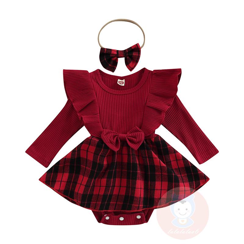 Bộ Áo Liền Quần Tay Dài Cổ Tròn Họa Tiết Kẻ Sọc Đính Nơ Kèm Băng Đô Cài Tóc Xinh Xắn Cho Bé Gái Laa