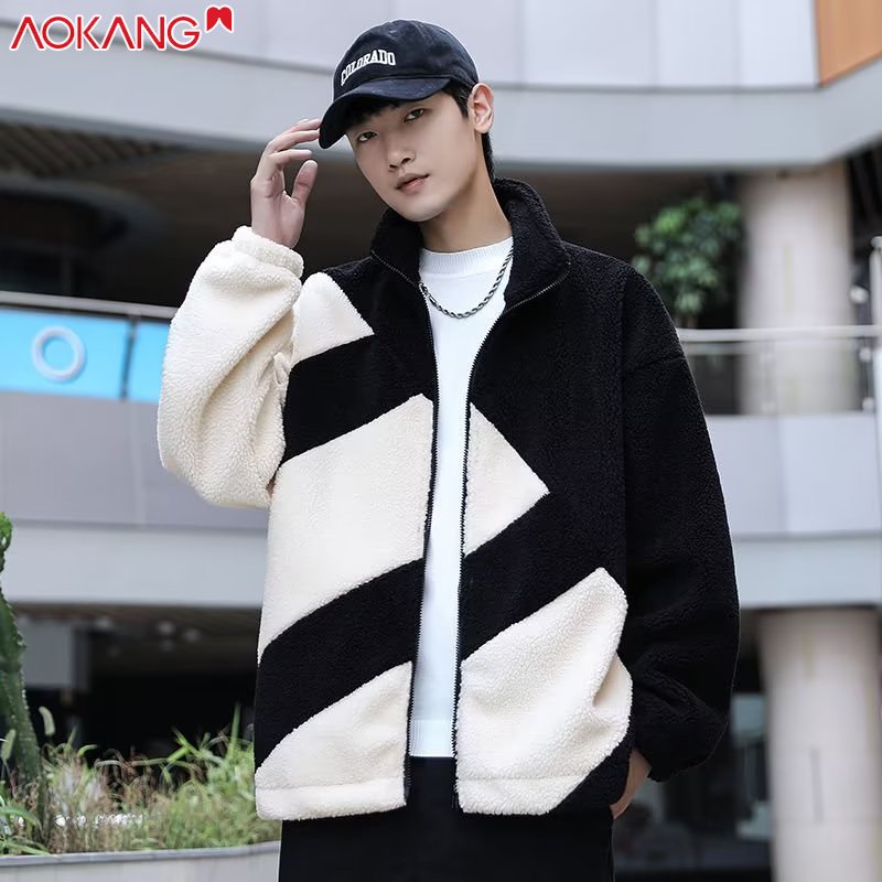 Aokang Áo Khoác cardigan Lông Cừu Dáng Rộng Họa Tiết Kẻ Sọc Phong Cách Hàn Quốc Thời Trang 2023