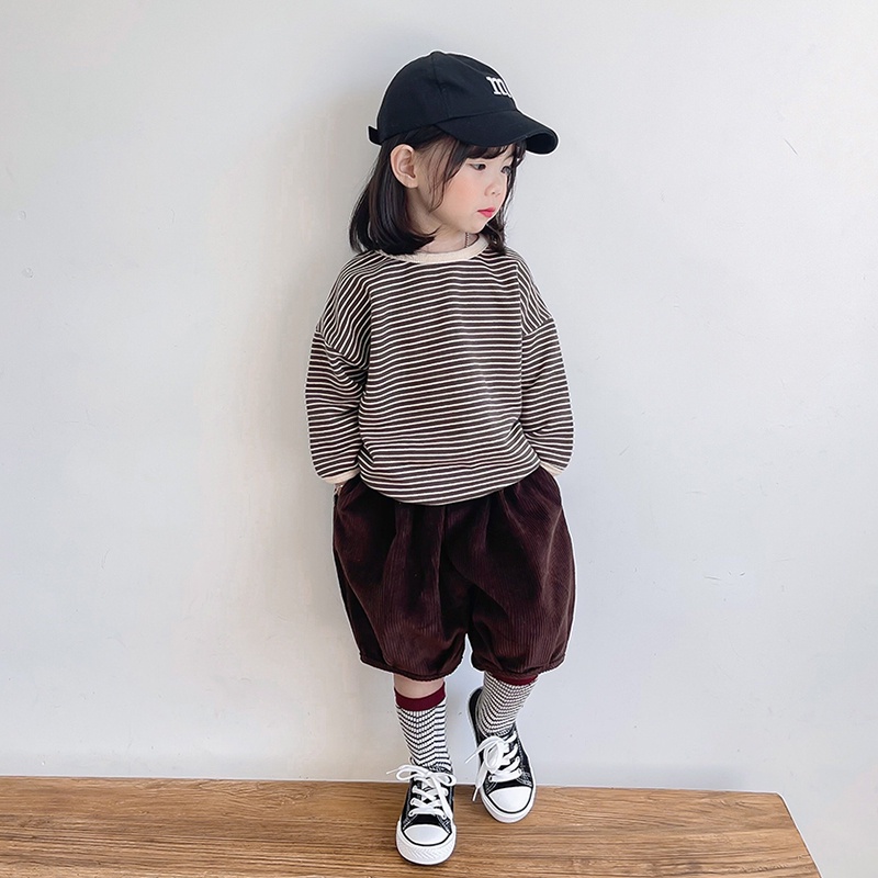 SUPER KIDS Áo Thun Dài Tay Dáng Rộng Họa Tiết Kẻ Sọc Phong Cách Hàn Quốc Cho Bé Trai