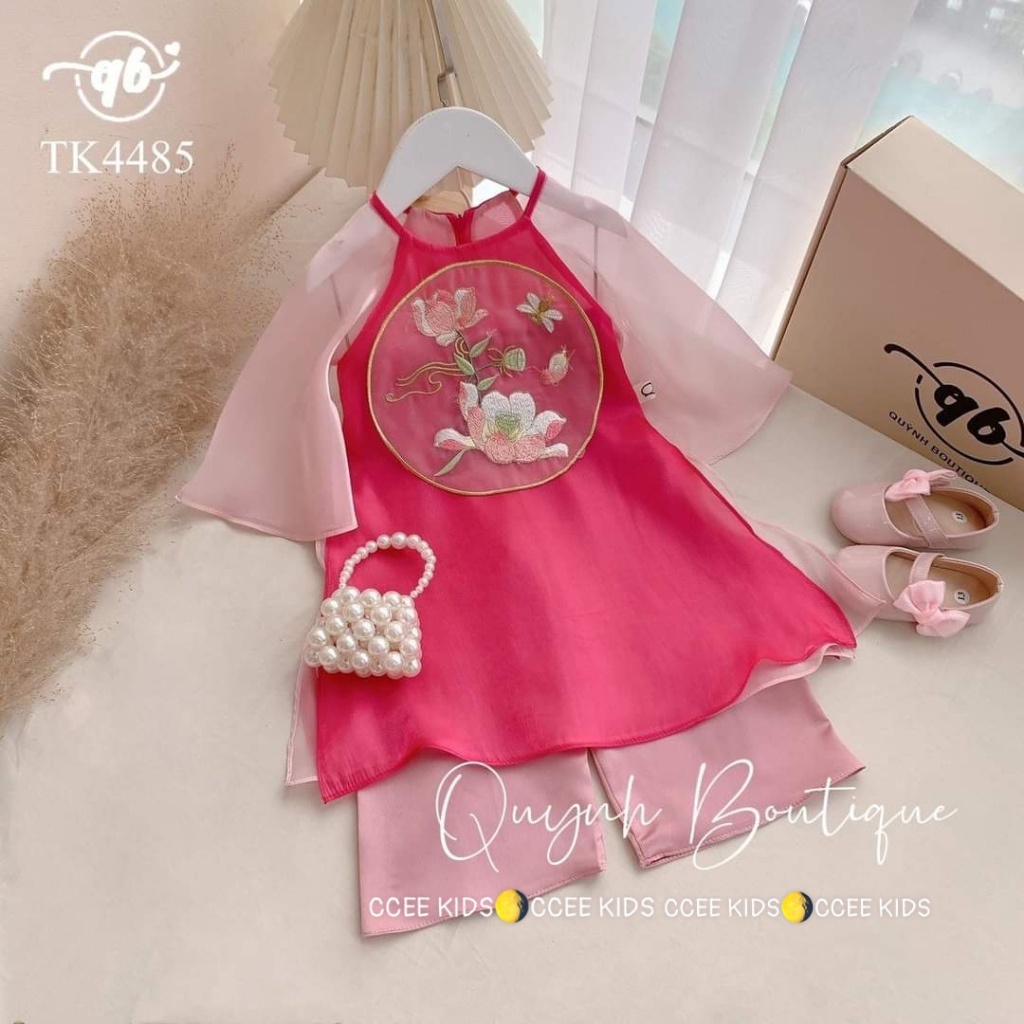 Set áo dài cách tân bé gái đình đám cho gái diệu hình thêu hoa xinh iuu