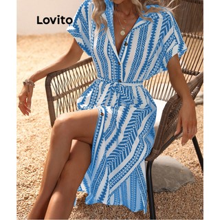 Đầm Lovito boho cột dây họa tiết hình học cho nữ LNL35042 (xanh dương)