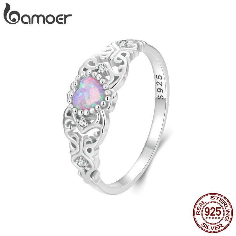 Bamoer Nhẫn Bạc 925 Đính Đá opal Hồng Thời Trang