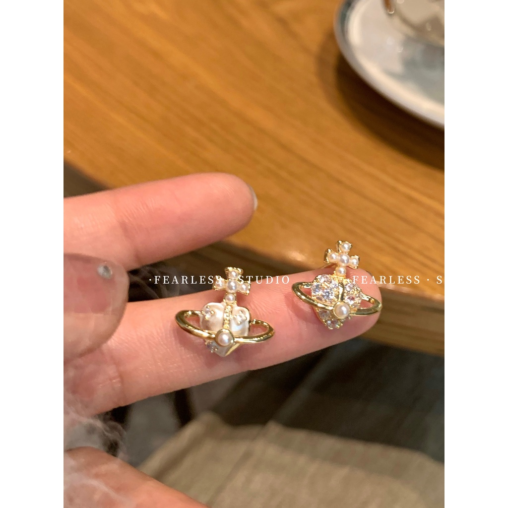 Niche Khuyên Tai Đính Đá zircon Ngọc Trai Hình Hành Tinh Nhỏ Không Đối Xứng Chất Lượng Cao