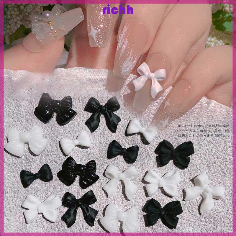 Richh set 50 Nơ Đen Trắng Đính Móng Nghệ Thuật
