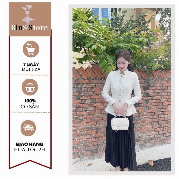 Aó dạ  tweed cổ đức dài tay hai lớp dáng, áo peplum thanh lịch Bins store