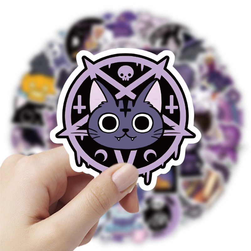 Z & m ❀ Hình Dán Mèo Ma Thuật Màu Tím ❀ Bộ 50 Miếng Dán Chống Thấm Nước Độc Đáo