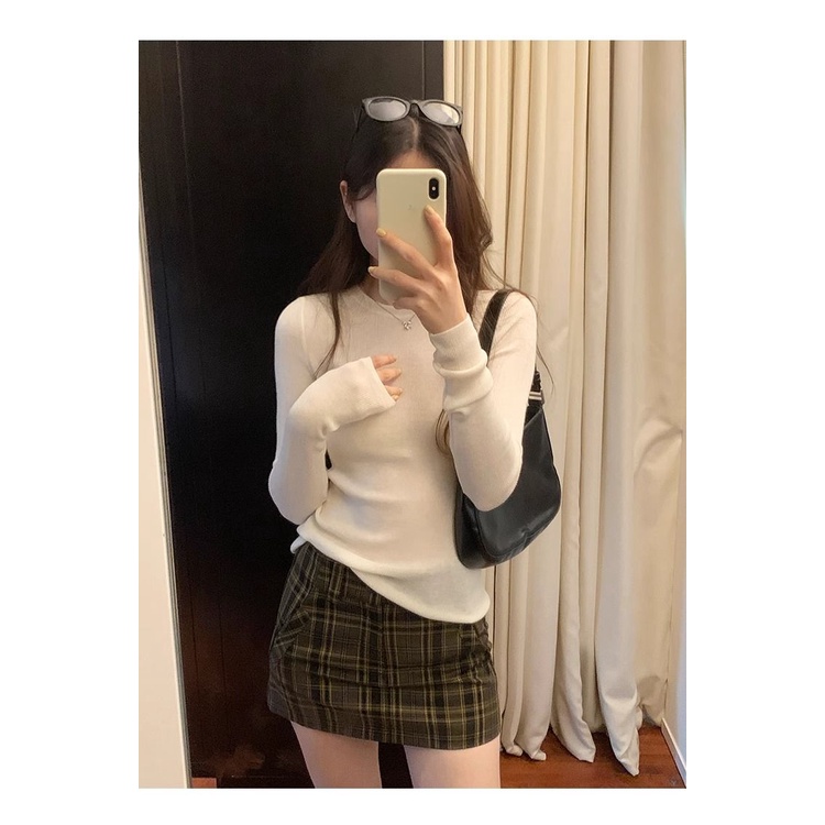 Áo Thun Tay Dài Cổ Tròn Màu Trơn Dáng Ôm Thời Trang Mùa Thu Hàn Quốc 2023