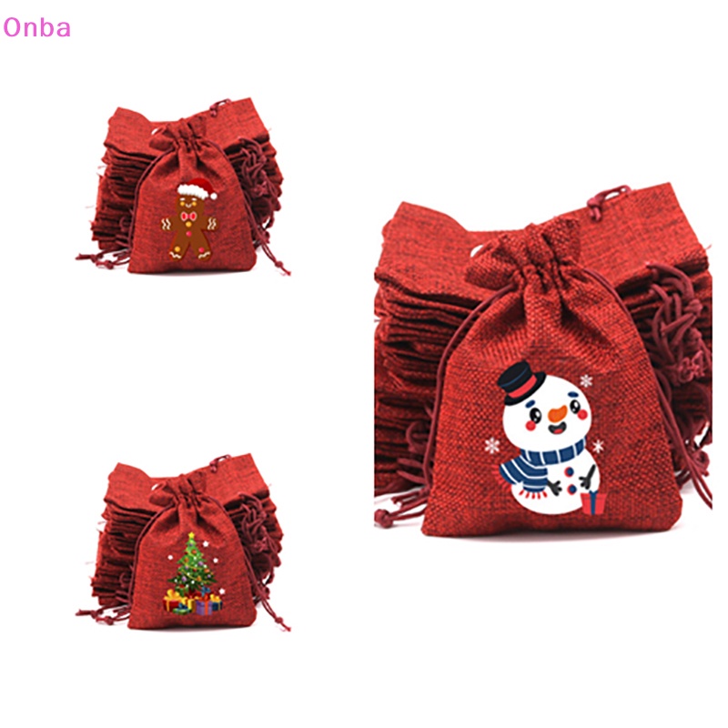 Túi Đựng Kẹo Bằng Vải Lanh Màu Đỏ Có Dây Rút Trang Trí Giáng Sinh Năm Mới Vnba merry christmas