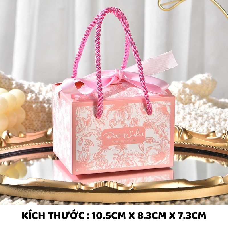 Hộp Quà Tặng Tri Ân Khách Hàng, Hộp Lời Chúc Best Wishes - Có Quai Xách, Nơ Lụa Kích Thước 10.5*8.3*7.3cm