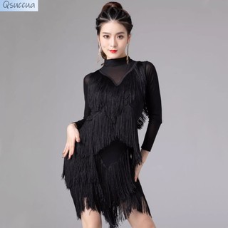 Qisucua Đầm Khiêu Vũ latin Phối Lưới Tua Rua Dành Cho Nữ