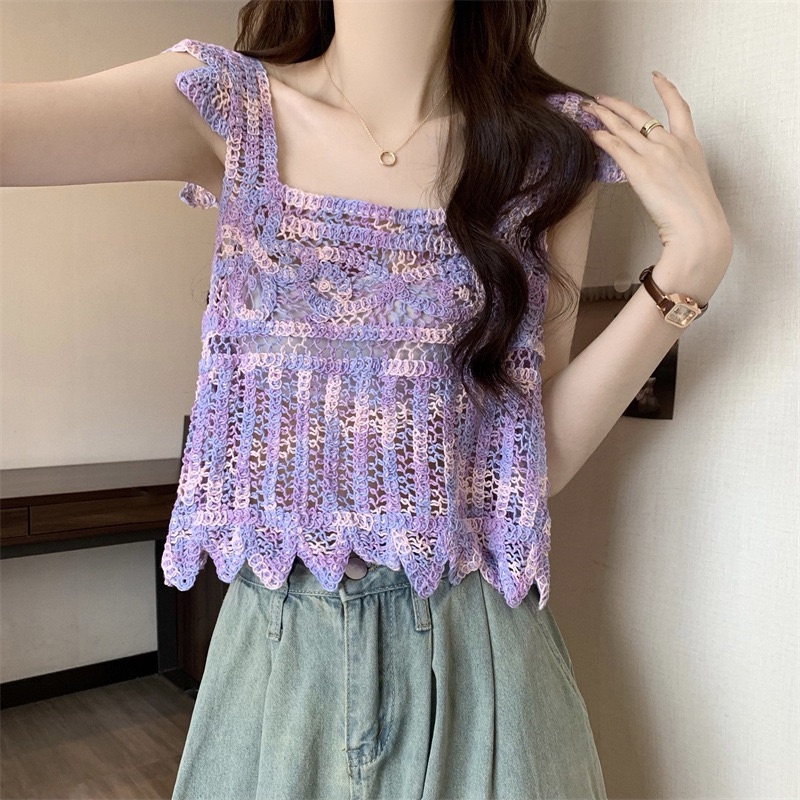 Áo 2 dây nữ mùa hè, áo 2s cánh tiên sợi móc sắc màu đi biển 2023