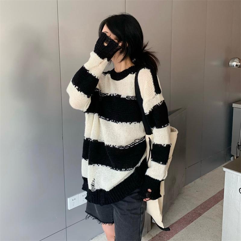 Đen Áo sweater Dáng Rộng Họa Tiết Kẻ Sọc Trắng Đen Thời Trang Mùa Thu Cho Nữ