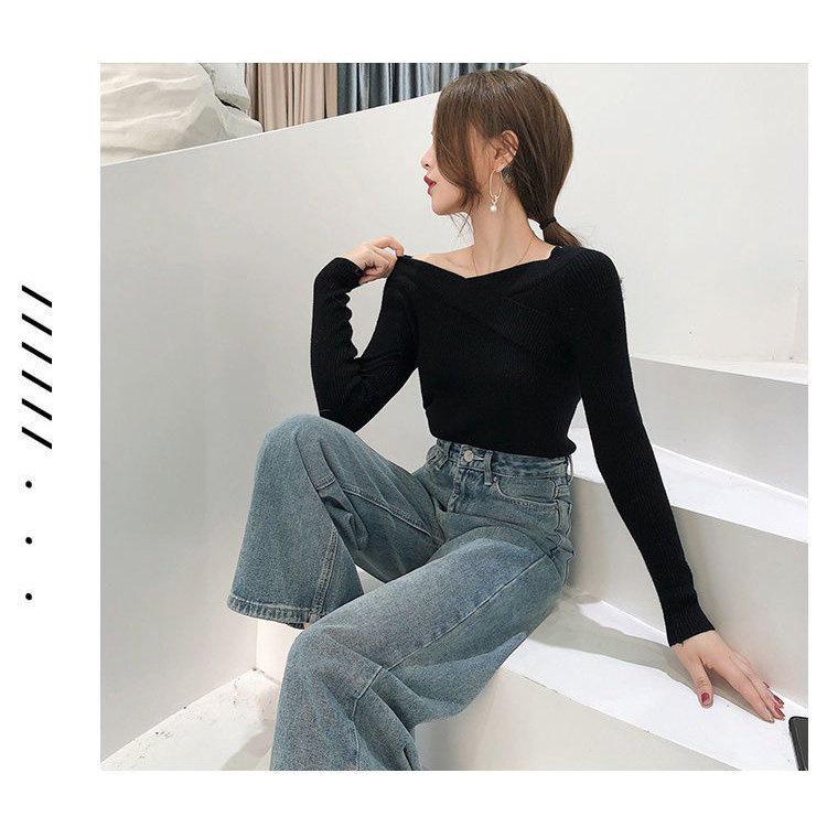 Set Áo Nữ Tay Dài Trễ Vai + Quần jeans Dài Ống Rộng Thời Trang