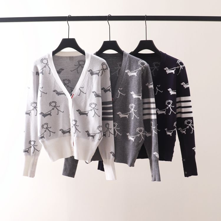 Nejc Thom Browne 2022 Autumn and Winter New Four Bars Stickman Dog Walking Jacquard Loose Slimming Long Sleeves V-neck Cardigan Coat Fashion