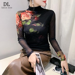 Miou Áo sơ mi lưới cổ cao dành cho nữ tay dài, áo in hình mùa thu đông mới phong cách nước ngoài, áo thun lụa mỏng vừa vặn cho mẹ