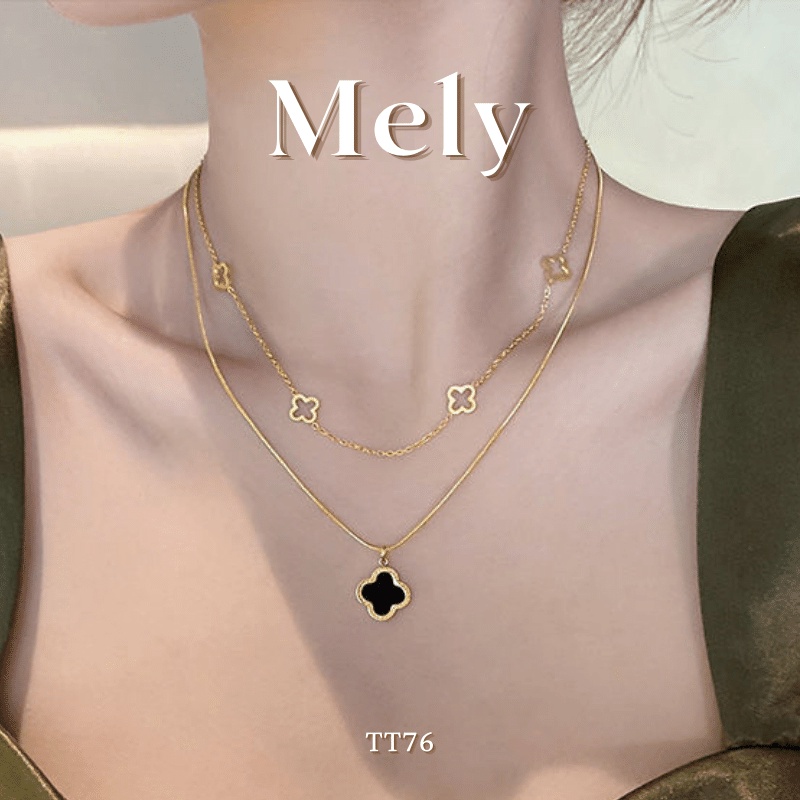 Dây chuyền cỏ bốn lá thép Titan mạ vàng hình cỏ 4 lá dây đôi độc đáo sang trọng cao cấp TT76