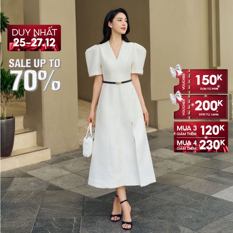SALE UP TO 50% + VC 200K || JOVEN Đầm Dài Ether (không kèm belt) Cổ V Tay Phồng Sang Trọng Thanh Lịch