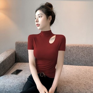 Áo Thun Nữ Ngắn Tay Cổ Cao Dáng Ôm Gợi Cảm