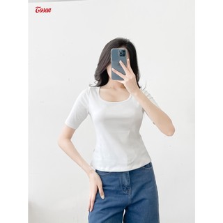 Áo Cotton borip trắng dáng ôm, cổ U tay cộc. Toson AGN99W33