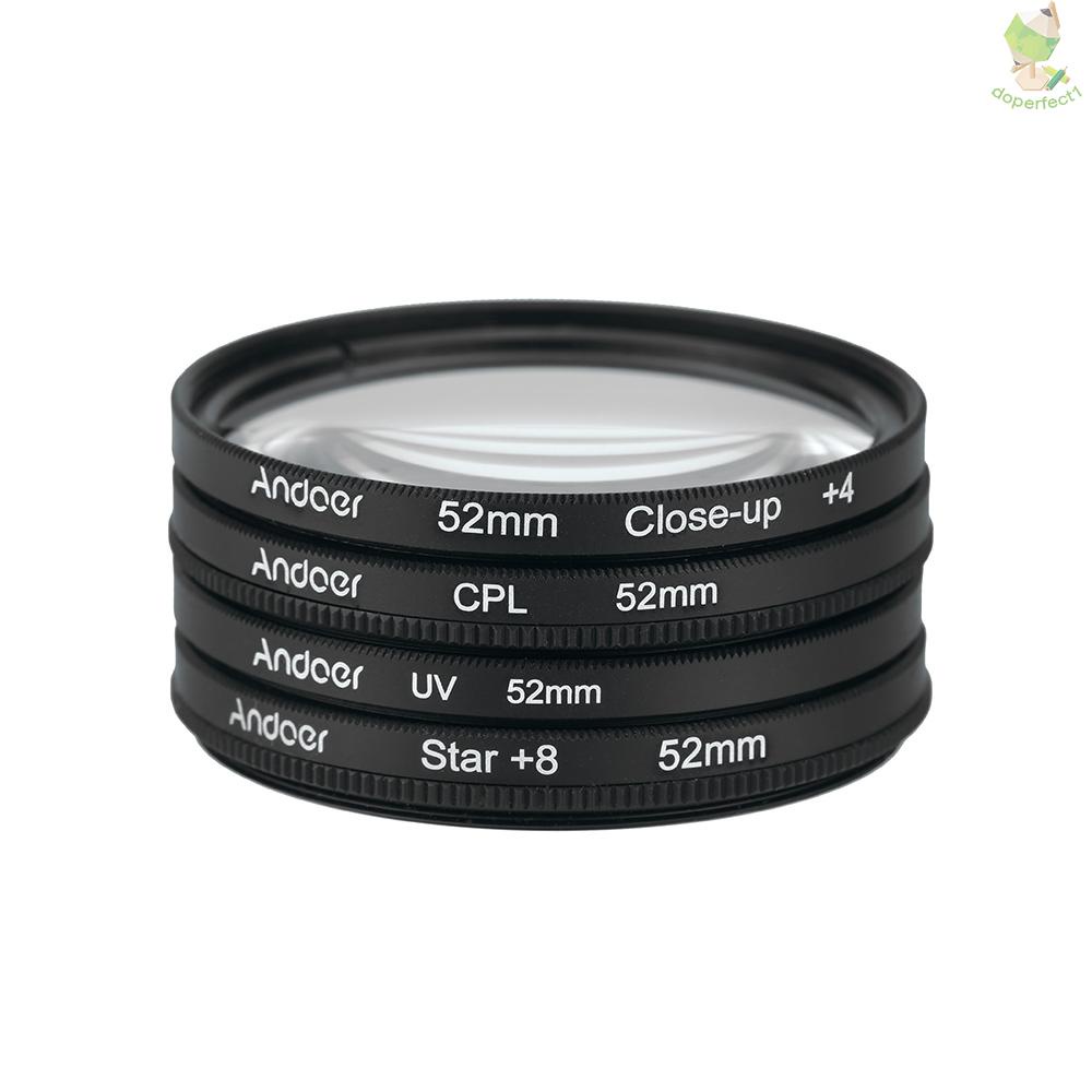 Bộ Kính Lọc Hiệu Andoer 52mm UV + CPL + 4 + Star 8 Điểm Phân Cực 8 Điể