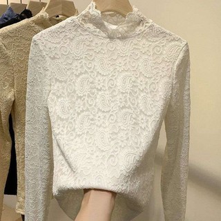 Áo Ren Cổ Lọ Tay Dài Lót Lông Cừu / Vải Mỏng Thời Trang Mùa Xuân Xinh Xắn Cho Nữ