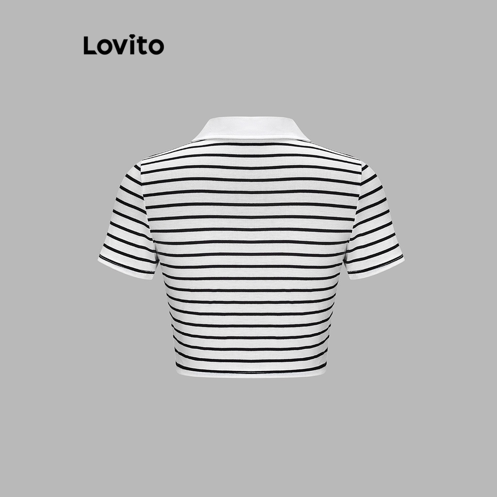 Áo thun Lovito dáng ngắn phối nút họa tiết sọc ngang tương phản cho nữ L59ED035 (Đen trắng)