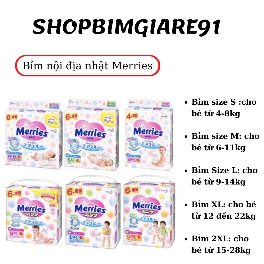 Bỉm nội địa nhật Merries hàng cộng miếng đủ size Dán Quần NB82 S76 M dán