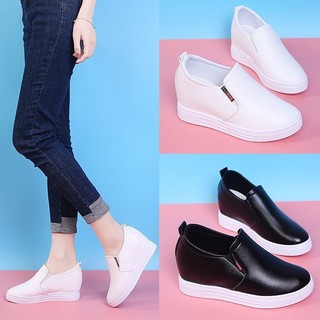 Giày nữ đế bệt da mềm 7cm, giày lười màu trắng