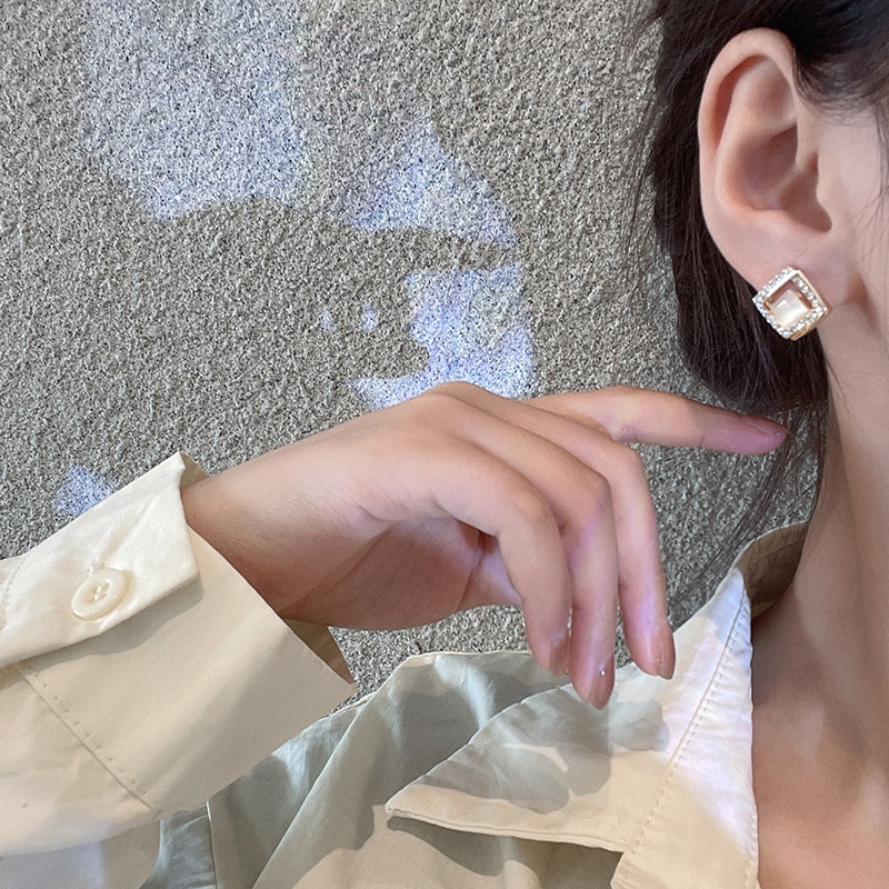 Bông Tai Mạ Bạc 925 Hình Vuông Đính Kim Cương Toàn Diện Phong Cách retro Hàn Quốc Cho Nữ