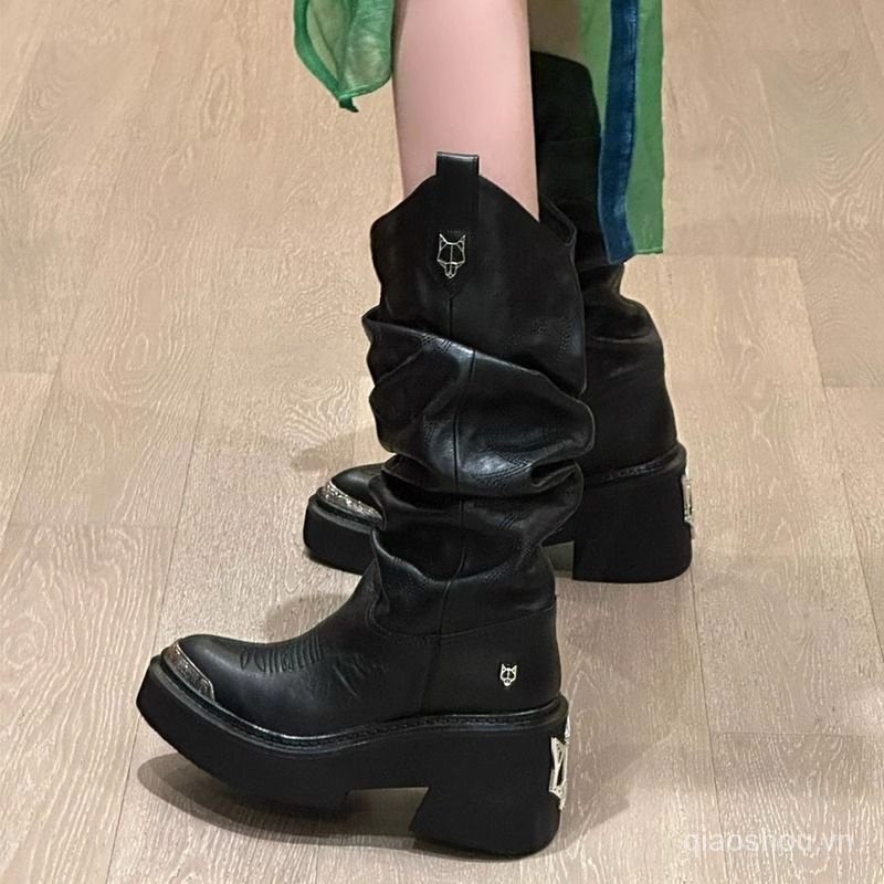 Giày Bốt Cao Bồi Mũi Nhọn Màu Đen Thời Trang Mùa Thu 2023
