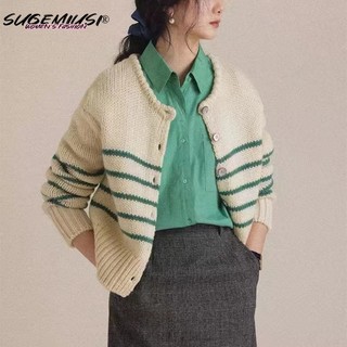 Sugemiusi Áo Khoác cardigan Dệt Kim Cổ Tròn Dáng Rộng Họa Tiết Kẻ Sọc Màu Sắc retro Dành Cho Nữ